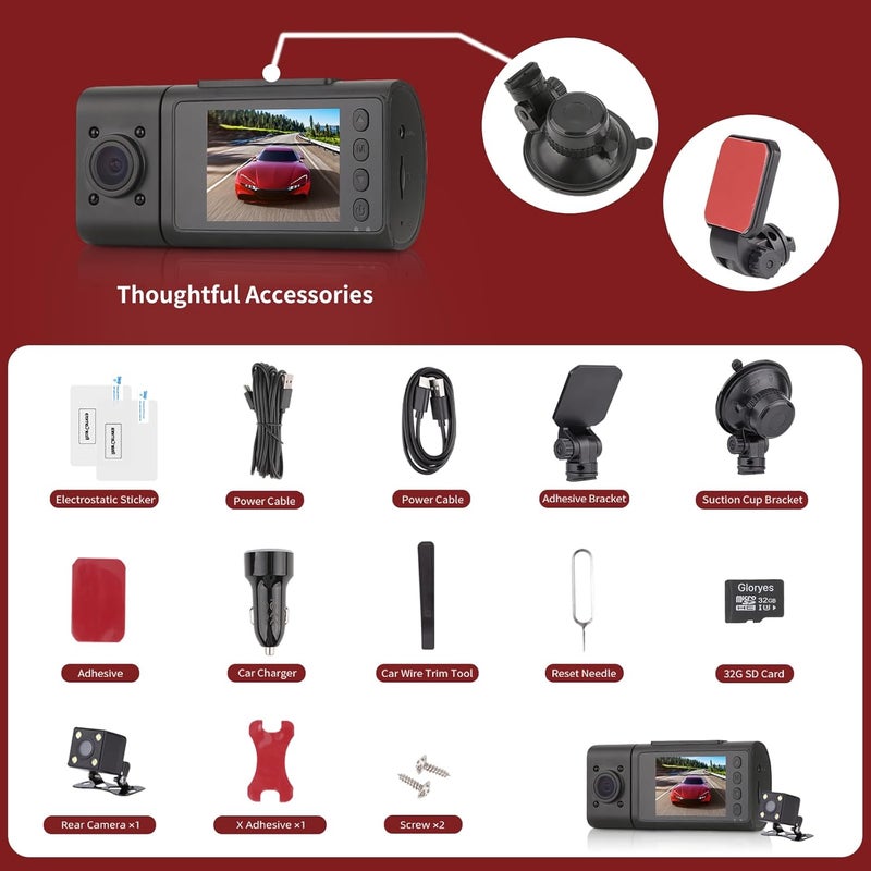 Gloryes 2025 Dash Cam, 3 Channel Dash Cam Front and Rear Inside, Interior Car Camera, 2.5K/1440P Single Fr,Fr+Interior, Front+Rear Dash Camera for Cars Taxi with Night Vision, Parking Monitor 1S Recording - Image 4